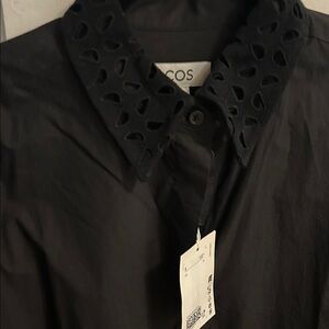 NWT, COS Black Blouse with Textured Collar, eyelet collar and cuffs, Medium